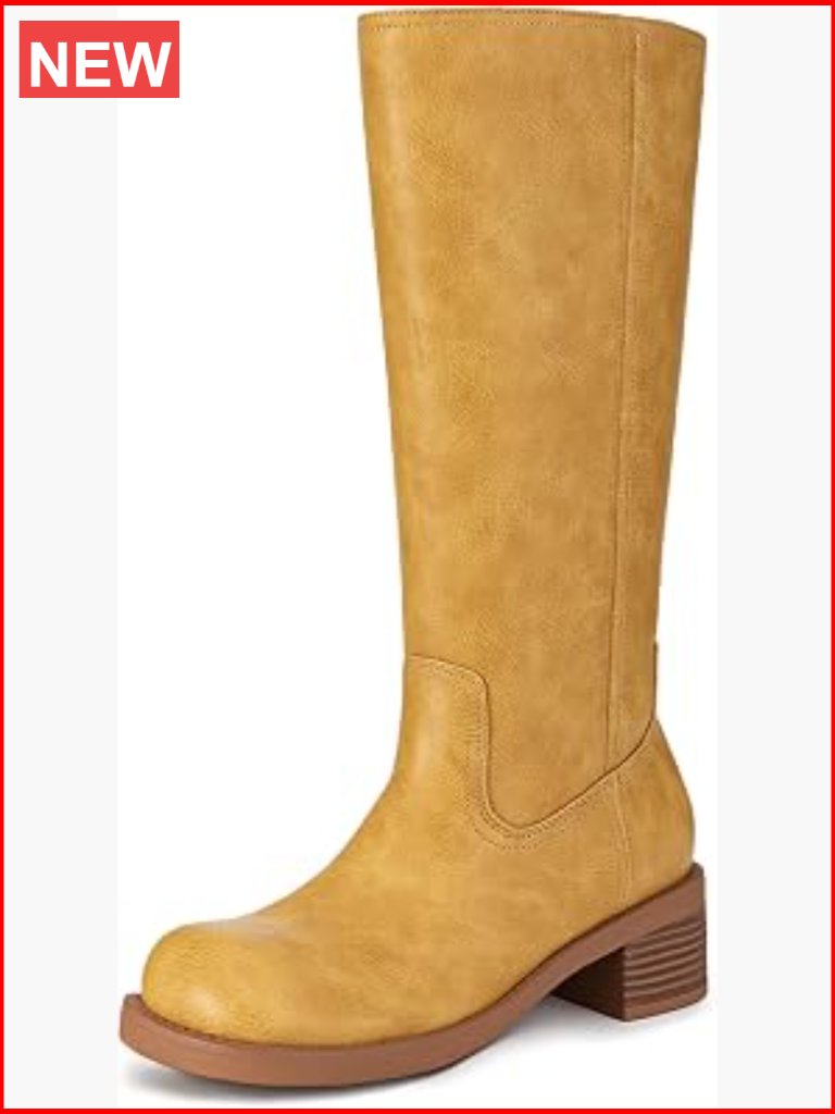 Women's Knee High Boots Square Toe Chunky Block Heel Riding Boots Low Heel